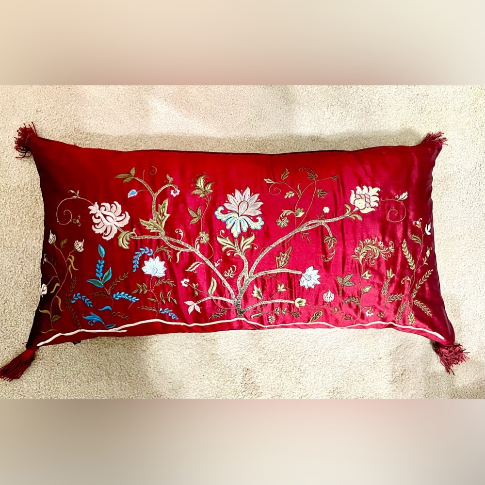 Beautiful red embroidered silk pillow